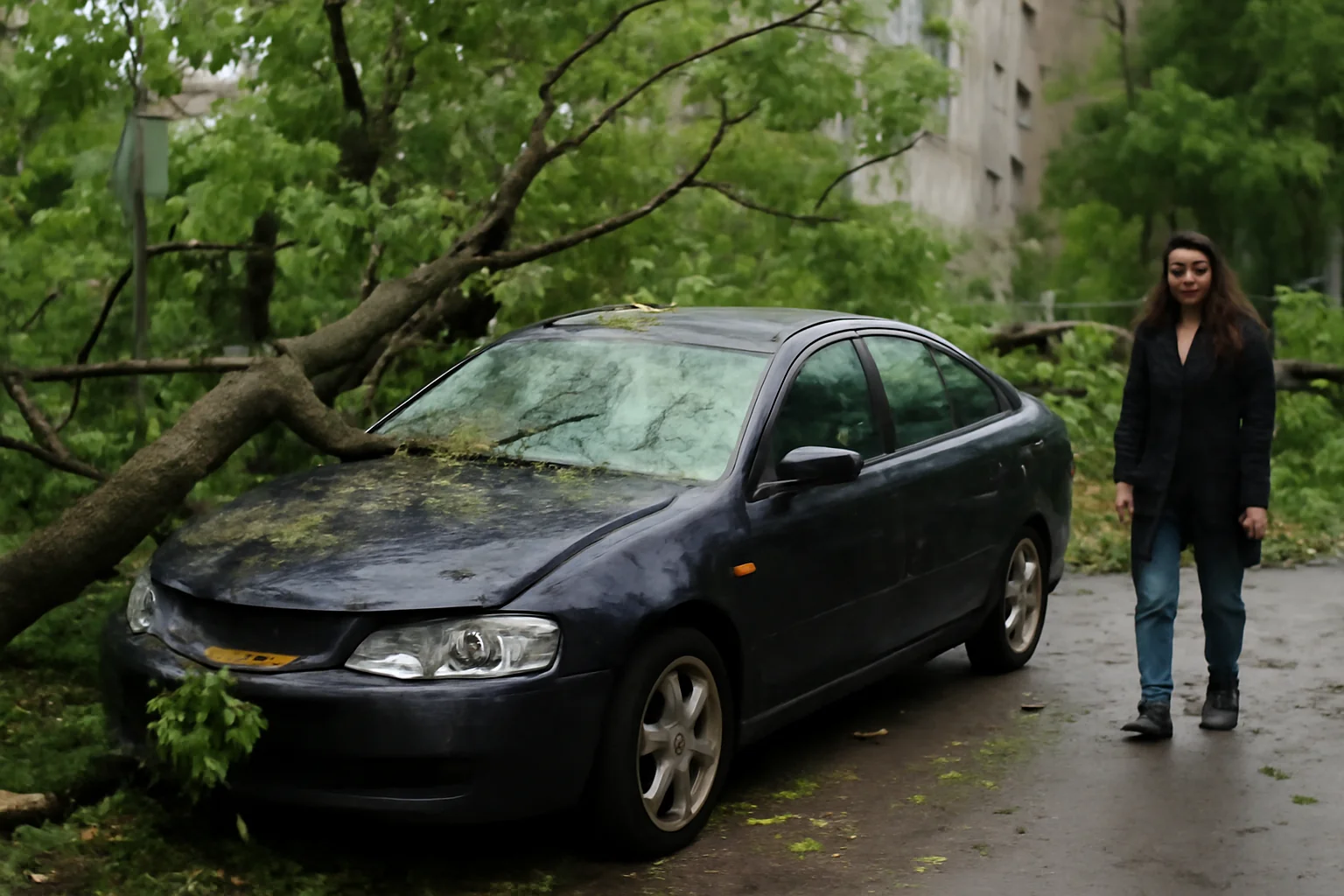 arbori prăbușiți și autoturism serios avariat