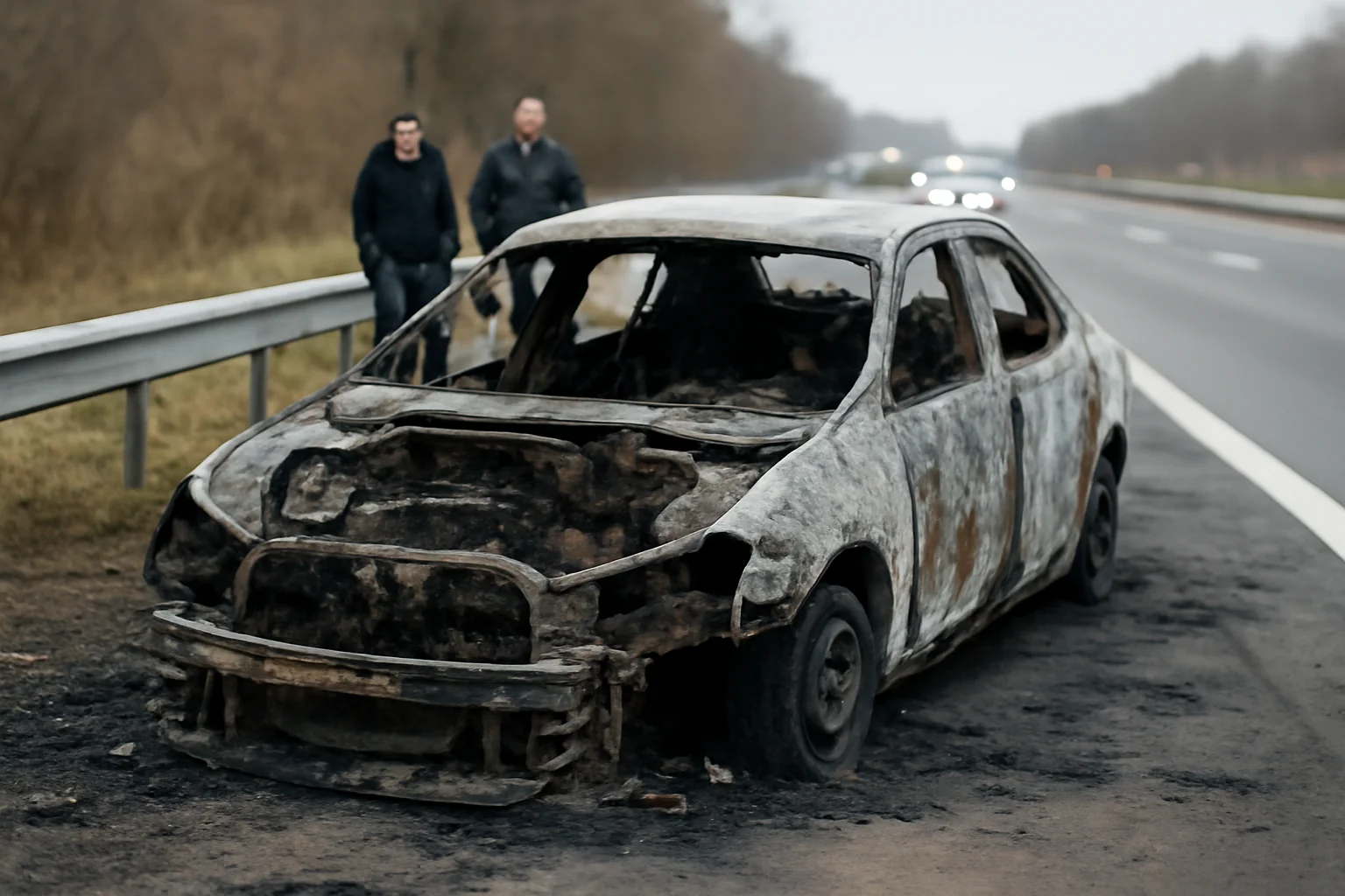 Autoturism distrus în întregime de flăcări pe autostradă