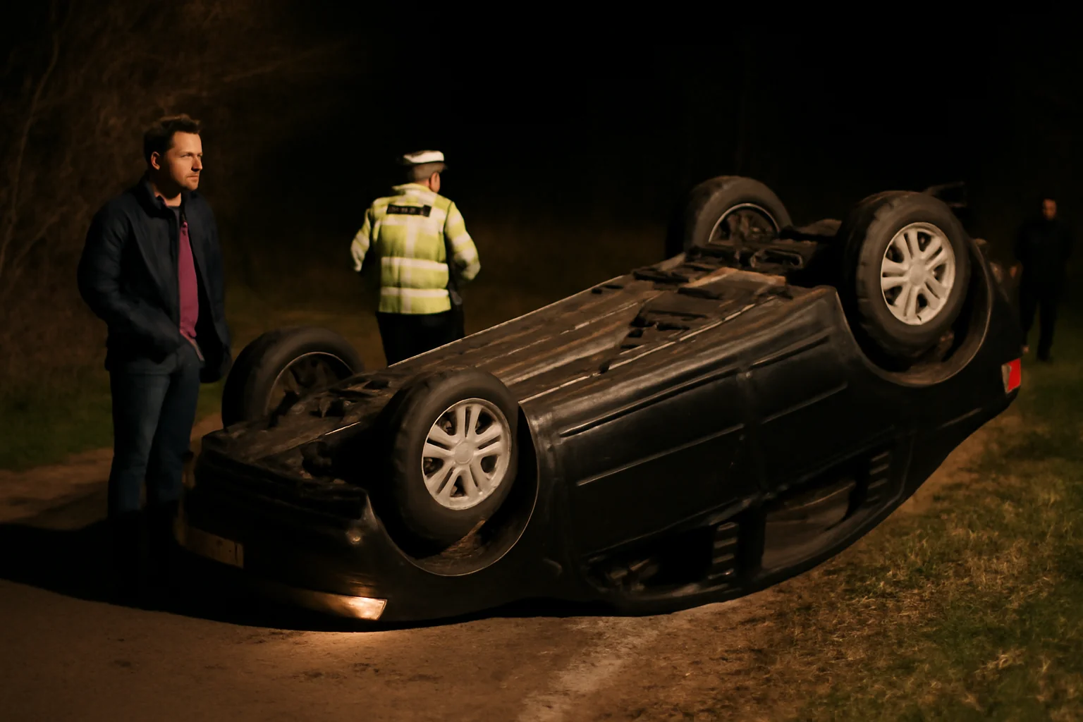Autoturism implicat într-un accident nocturn, răsturnat pe un drum din județul Argeș