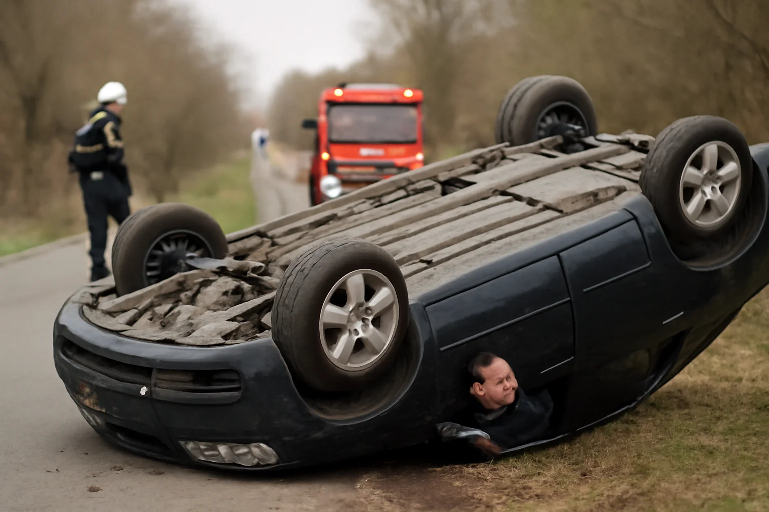 autoturism răsturnat, conducătorul auto a rămas prins în vehicul
