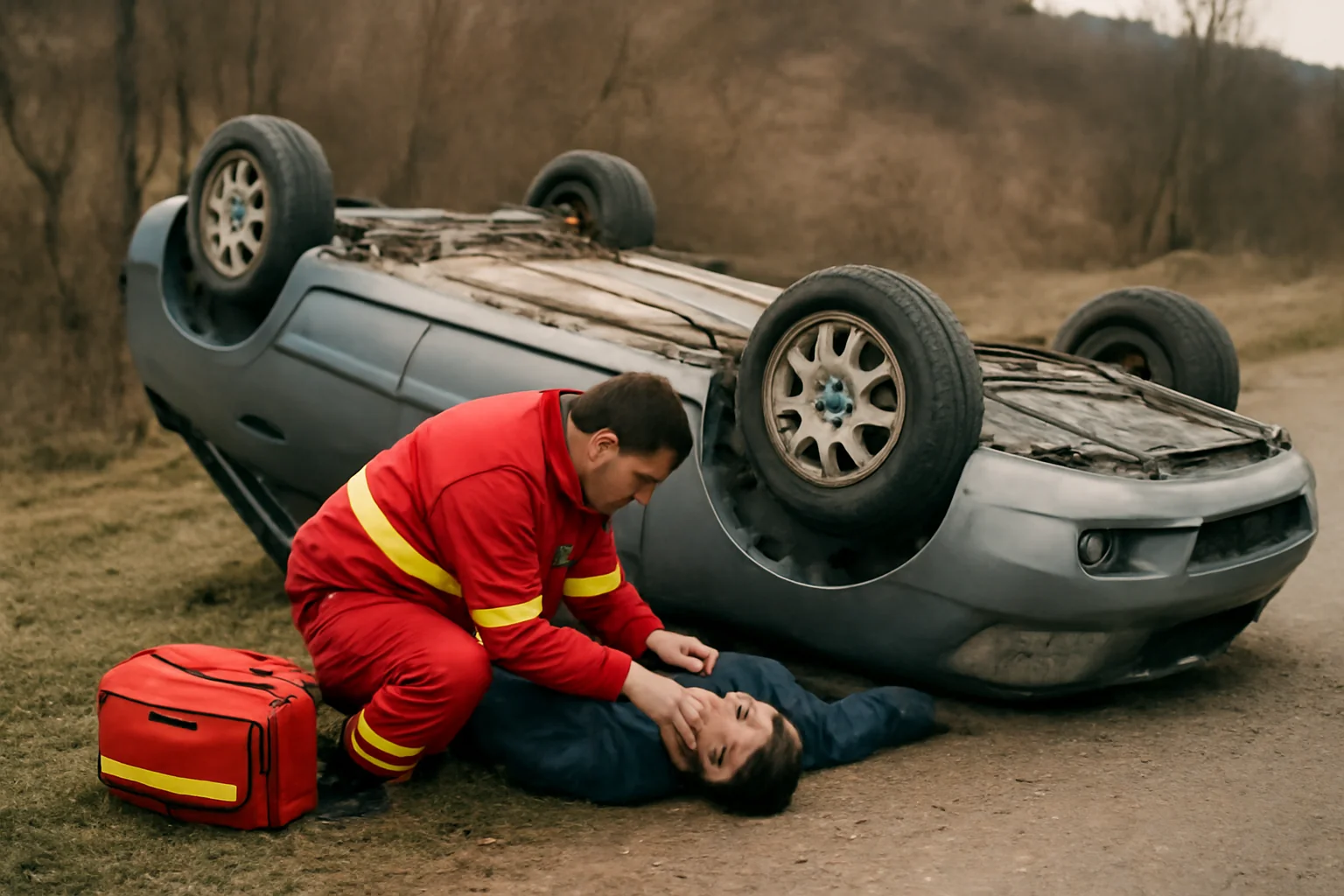 autoturism răsturnat, o victimă este asistată medical