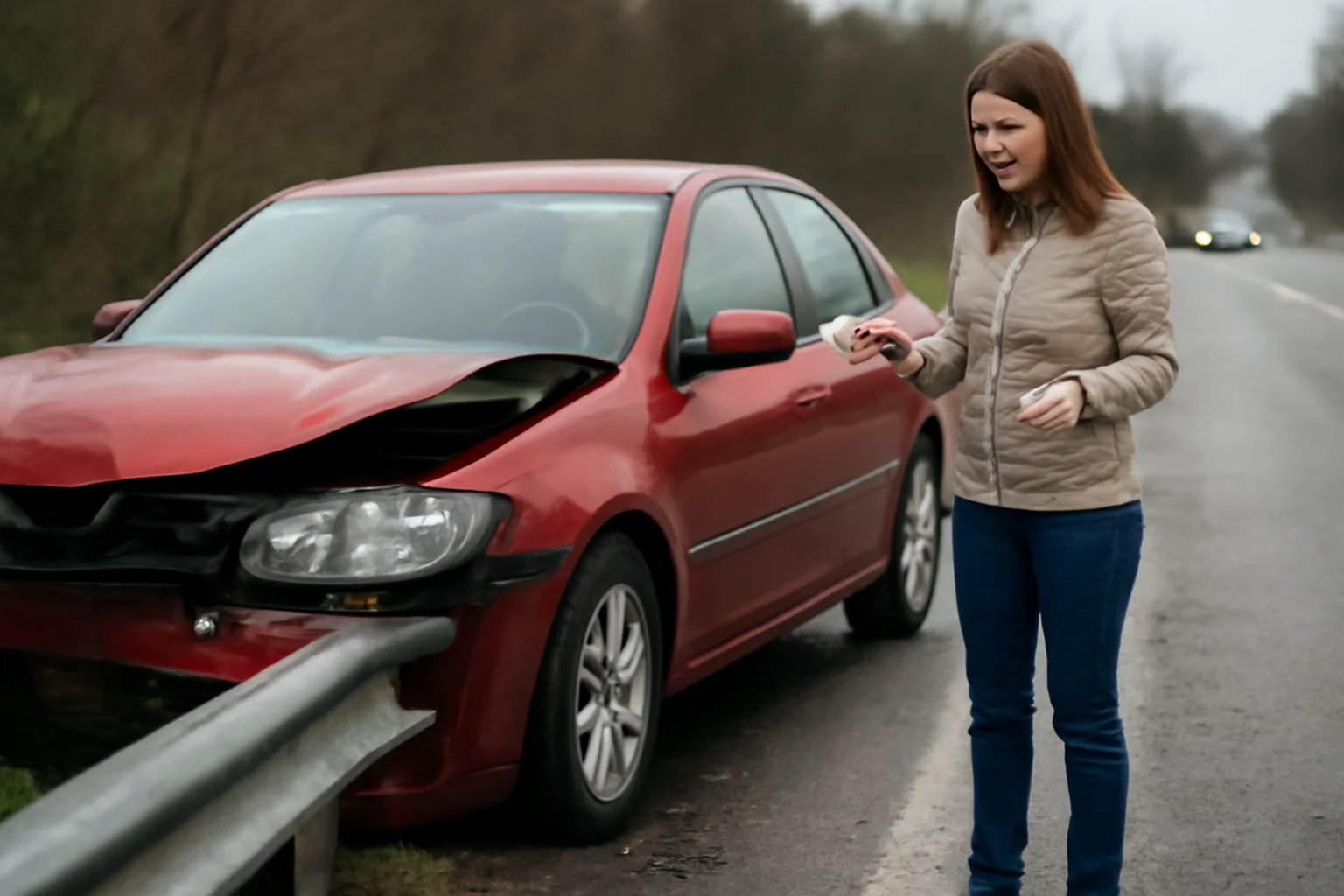 femeie la volan lovește cu autoturismul parapetul de pe marginea drumului