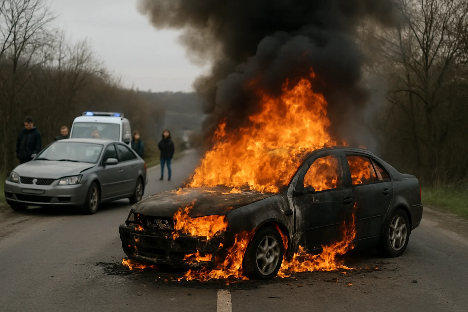 Incendiu la un autoturism după o coliziune în Stâlpeni, cinci persoane implicate