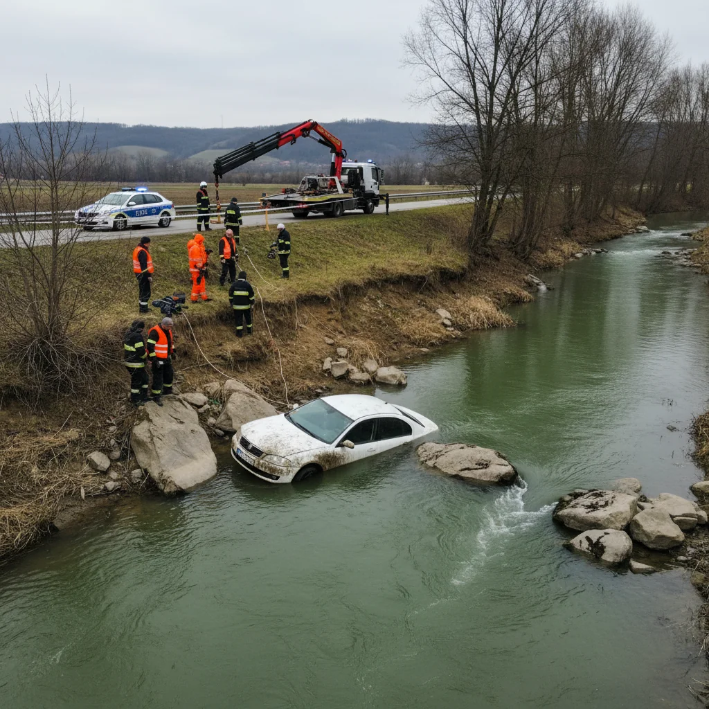 Mașină răsturnată în Râul Dâmbovița la Stoenești. Șofer de 25 de ani sancționat pentru viteză – caz raportat la Pitești