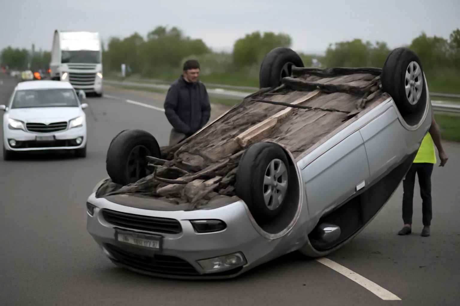Mașină răsturnată pe A1, aproape de Pitești, o persoană asistată medical
