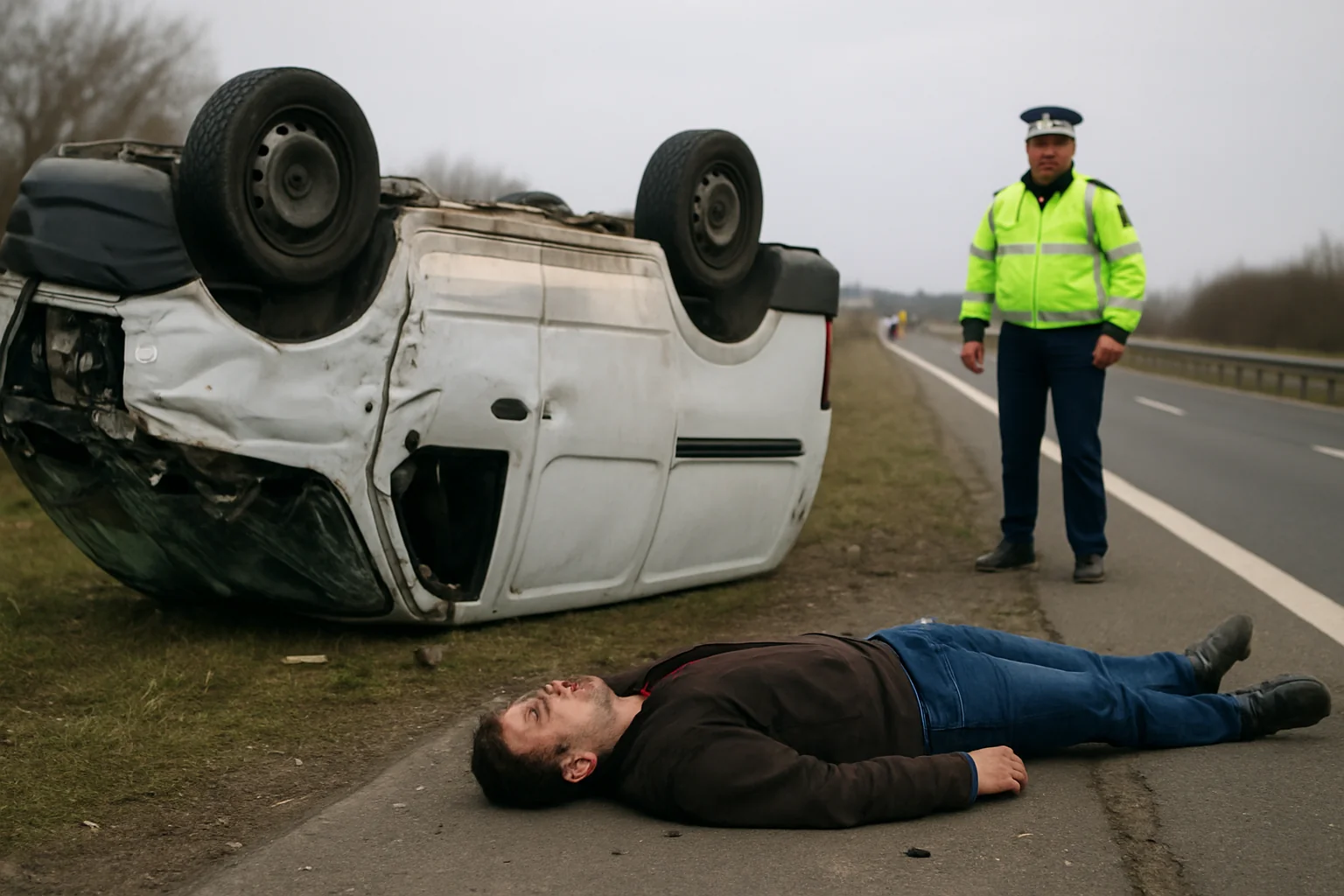O persoană rănită, autoutilitară răsturnată