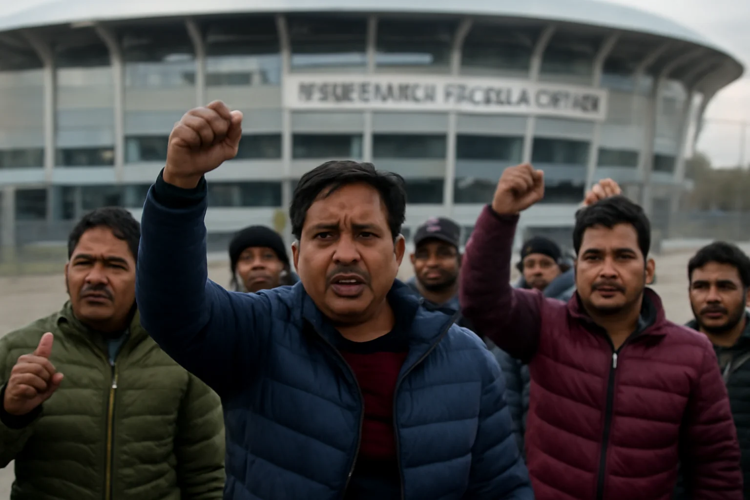 Protest al muncitorilor nepalezi la stadionul „Nicolae Dobrin” din Pitești, privind condițiile de muncă și plată