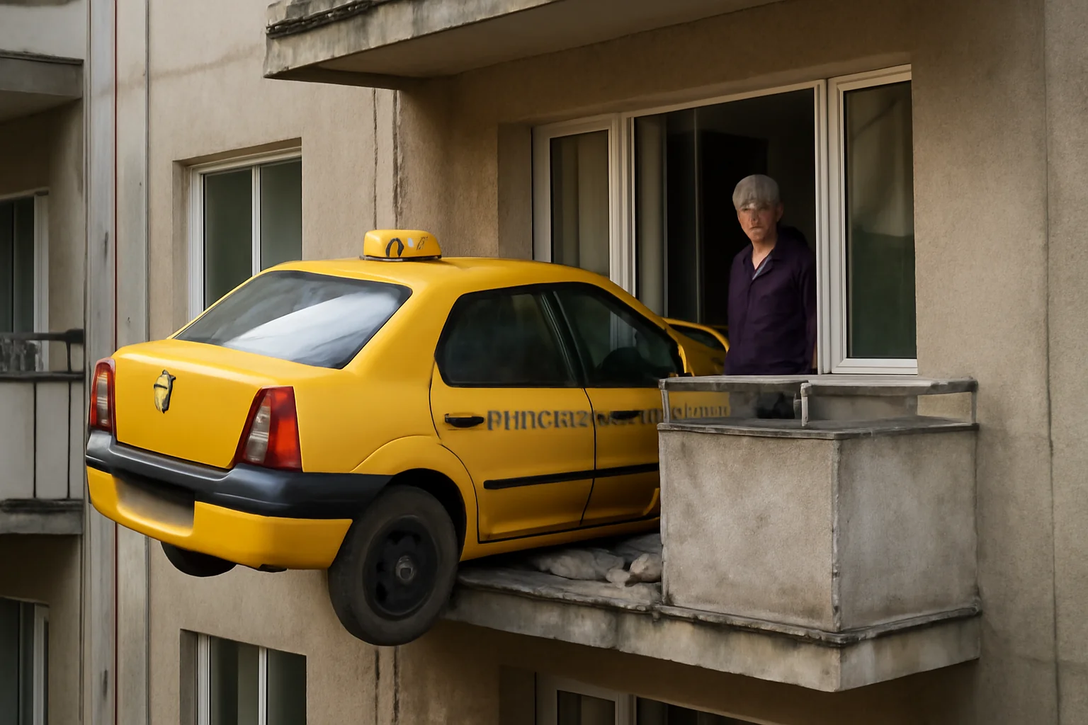 Șofer de taxi izbește balconul unui bloc de apartamente într-un incident șocant